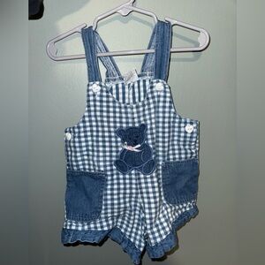 Vintage Blue Gingham Baby Overalls with Bear Patch
